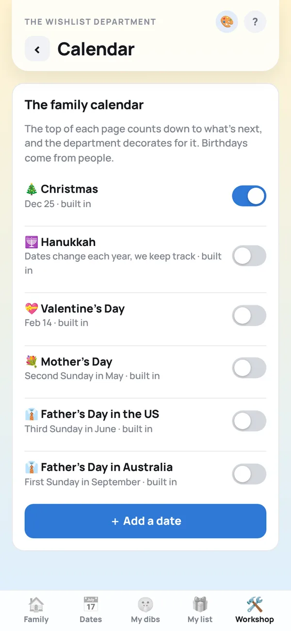 The family calendar in the workshop with holidays switched on