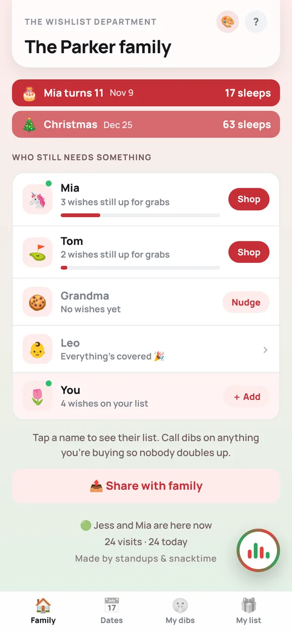 The family page of the wishlist department, with countdowns to the next occasions and everyone's lists